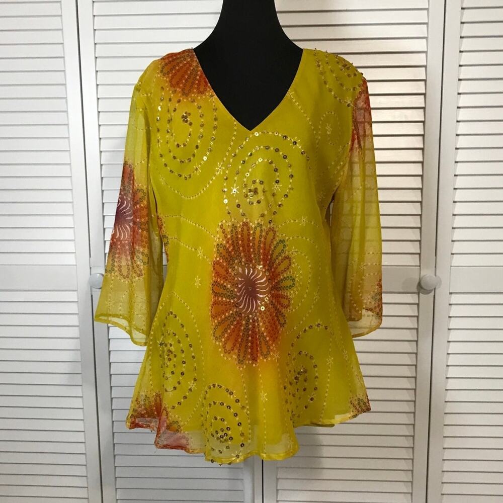 Signature JMB Y2K Boho Yellow Floral Sequin Beaded Bell Sleeves Tunic Blouse 1X